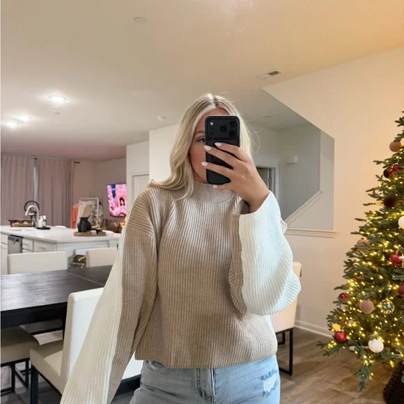 Chic Tan and Cream Women's Turtleneck Sweater - Picture 4 of 12